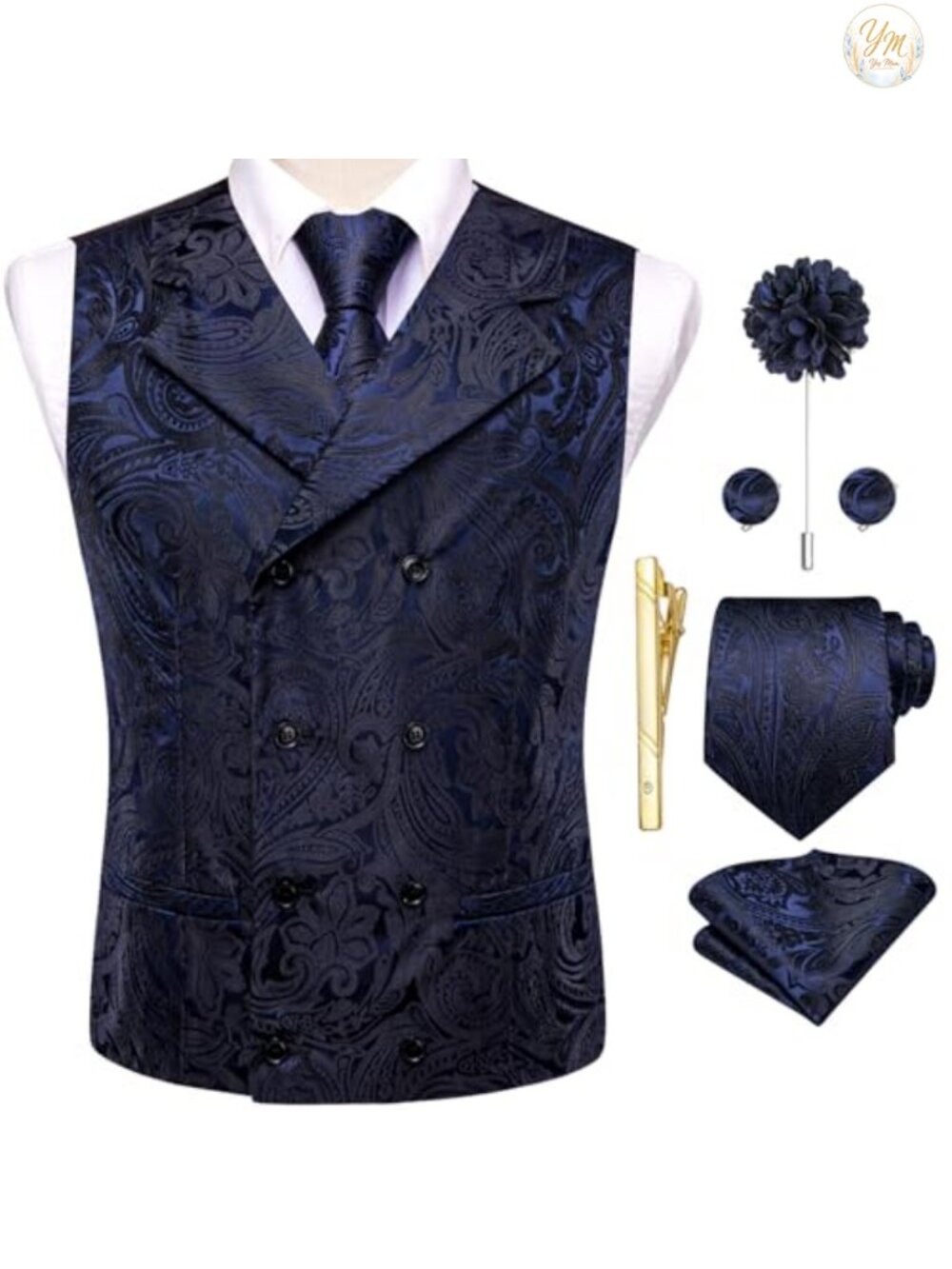 Mens Double Breasted Paisley Vest Tie Set 6PCS Wedding Party Formal